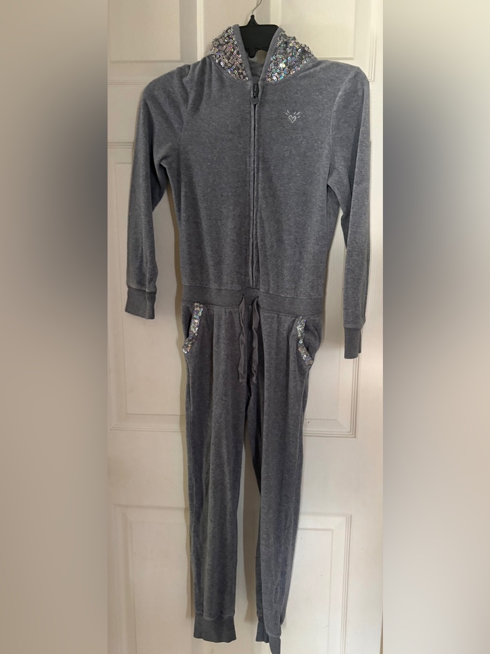 Justice Gray Velour One Piece Jumpsuit Hoodie with Shimmer Logo